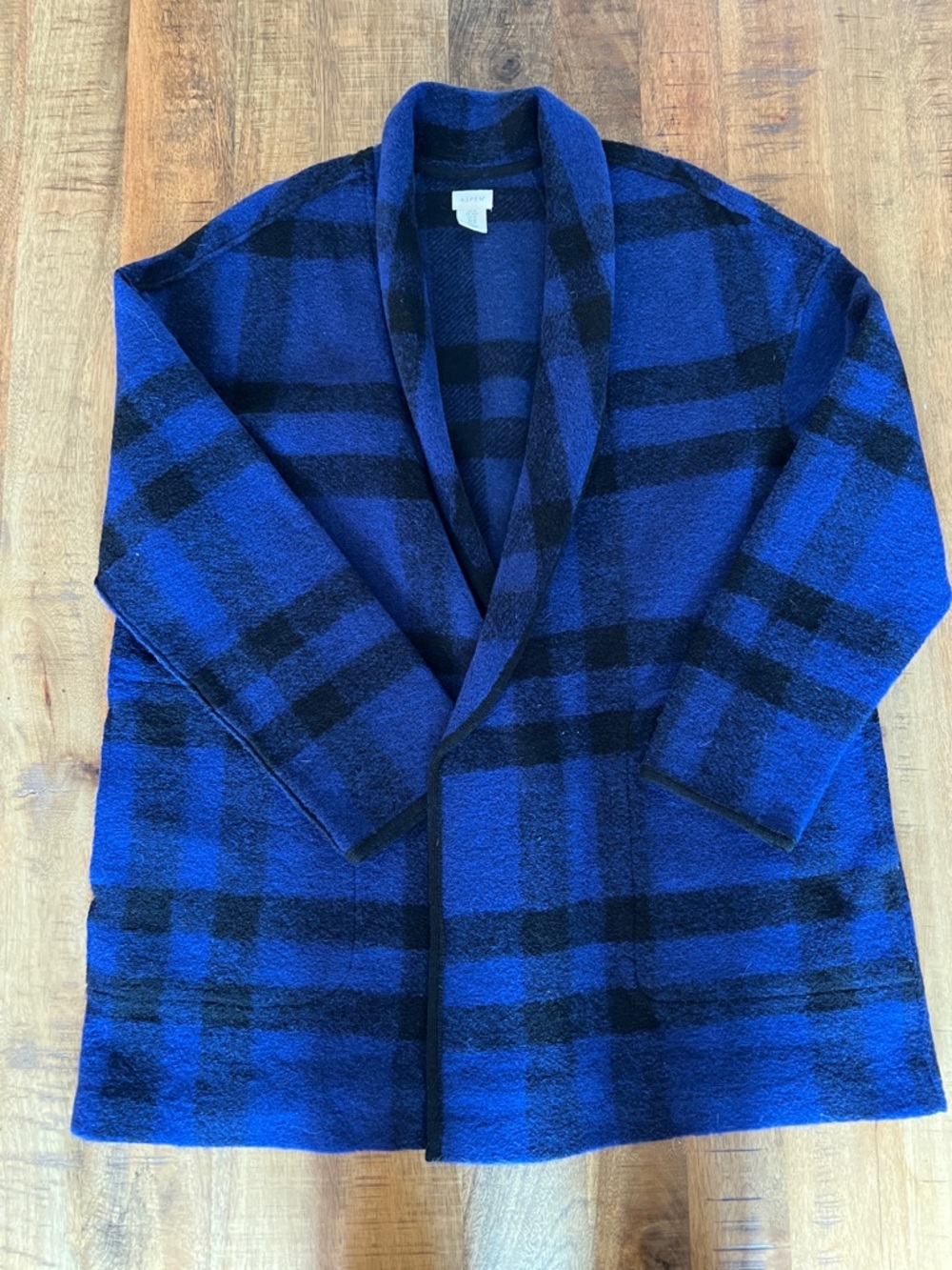 Blue and Black Plaid Shawl Collar Cardigan